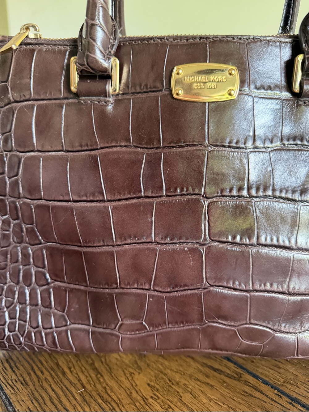 Michael Kors Kellen Crocodile Embossed Leather Satchel Crossbody Brown - Picture 3 of 14